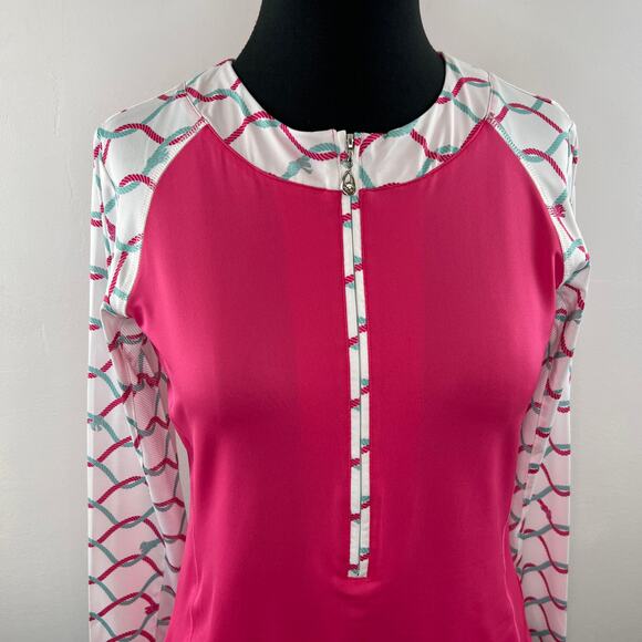 SANSOLEIL SolCool Pink White Long Sleeve Partial Zip Mock Neck Stretch Top Sz S - Picture 3 of 8